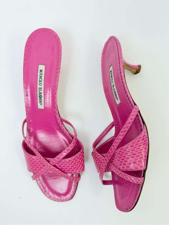Manolo Blahnik Shoes - Vintage Manolo Blahnik Pink Python Snakeskin Strappy Mules Kitten Heels EU 42